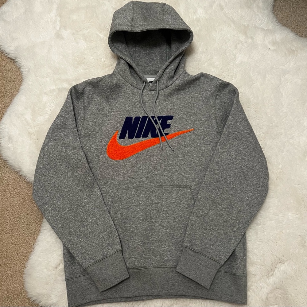 Nike Heather Gray Hoodie with Vibrant Orange Swoosh